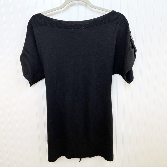 Avalin NWT Black Rabbit Fabric Short Sleeve Belted Boat Neck Tunic Sweater Large - Picture 2 of 8
